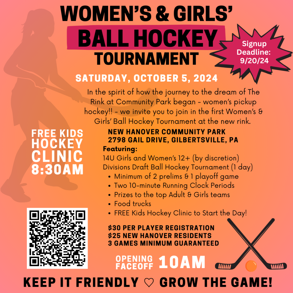 Pink and Orange Event Flyer for Women's and Girls Ball Hockey Tournament in Gilbertsville PA